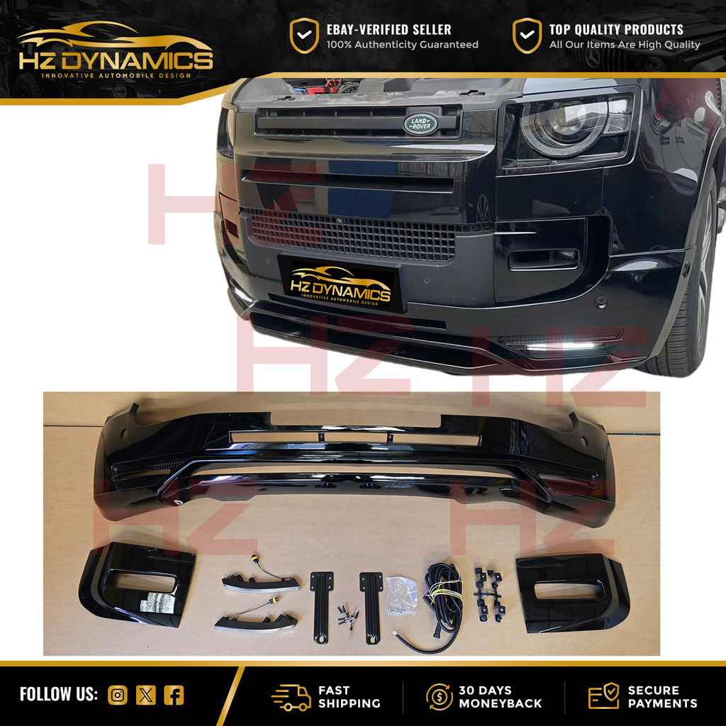 Gloss Black LED Front Bumper Lip FOR 2020-2025 Land Rover Defender L663