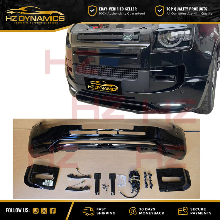 Gloss Black LED Front Bumper Lip FOR 2020-2025 Land Rover Defender L663